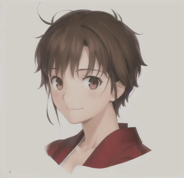 High resolution, Anatomically correct, Shortcuts, bangs, Brown Hair, Bedhead, Small breasts, smile, Background blur, Anime Style, Japanese illustration style, 