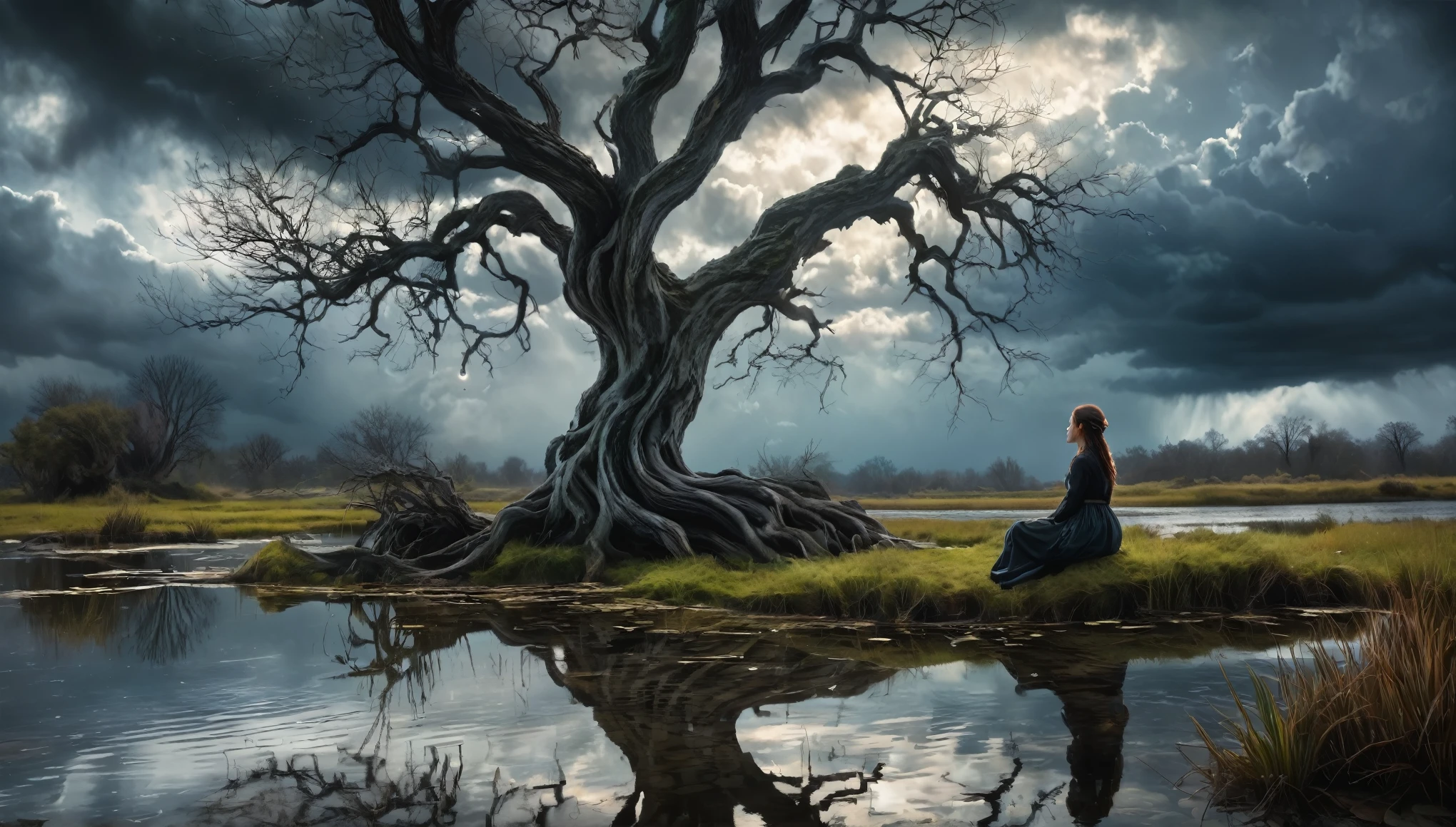 "((Mystical)) atmosphere, girl kneeling beside a pond, ((moody clouds)), ((twisted and gnarly tree)), ((dramatic lighting)), ((reflections in the water)), detailed painting, ((captivating composition)), masterpiece
