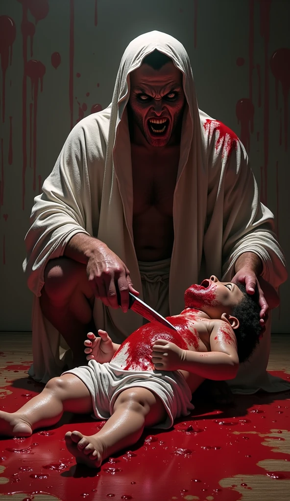 A psycho killer is murdering a child stabbing on head and chest with knife,his eyes is plucked out by him he is eating his heart with his right hand and stabbing boy by left hand ,in his face there is a evil smile ,around him everything is deep red like blood ,there is blood in floor and in the clothes of psycho there is stain of blood ,make killer look creepy,his victim is dead,killer is wearing a white loose clothe,killers hand , clothes and face is covered in blood