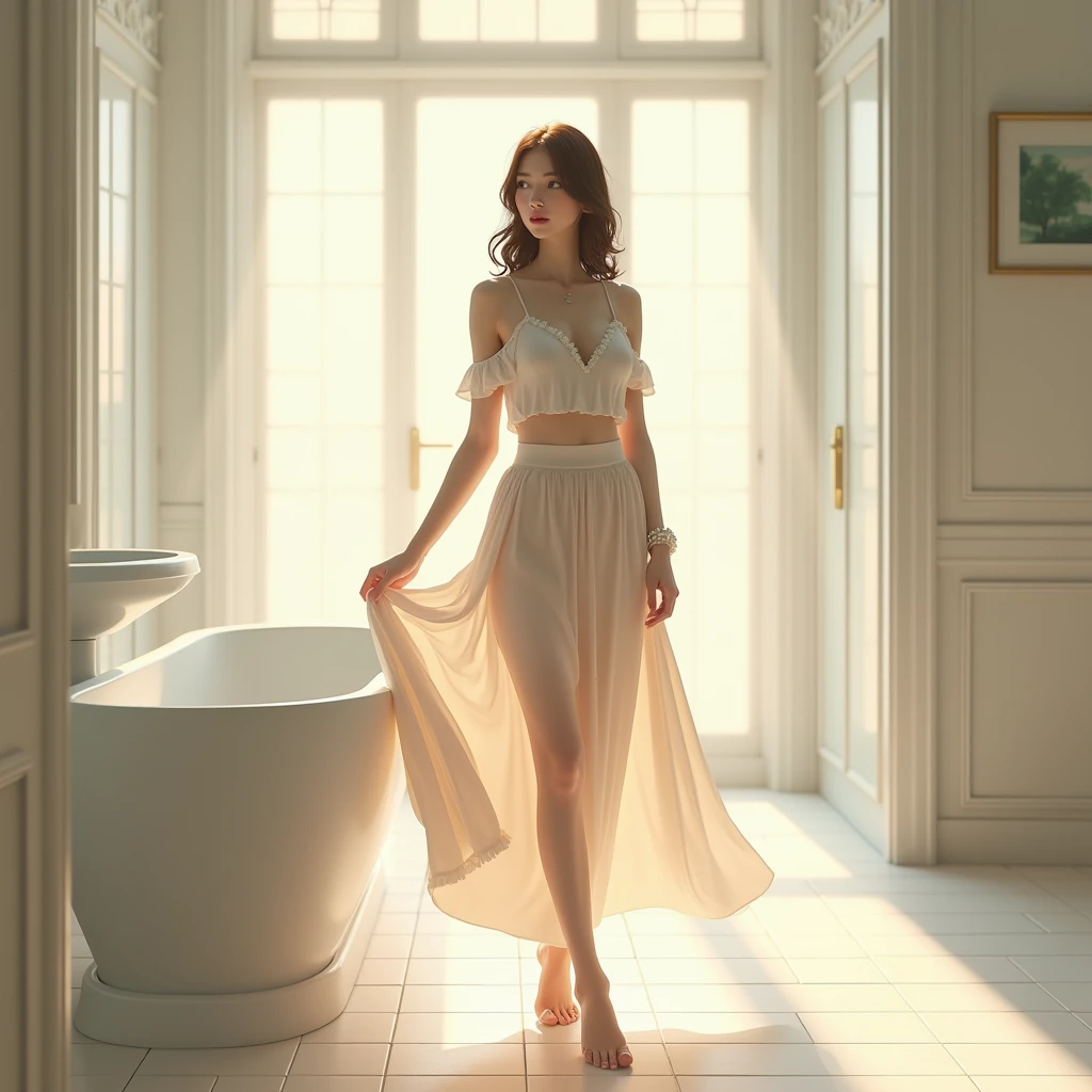 young woman of 20 in a skirt in her bathroom. a pearl necklace hangs under her skirt.