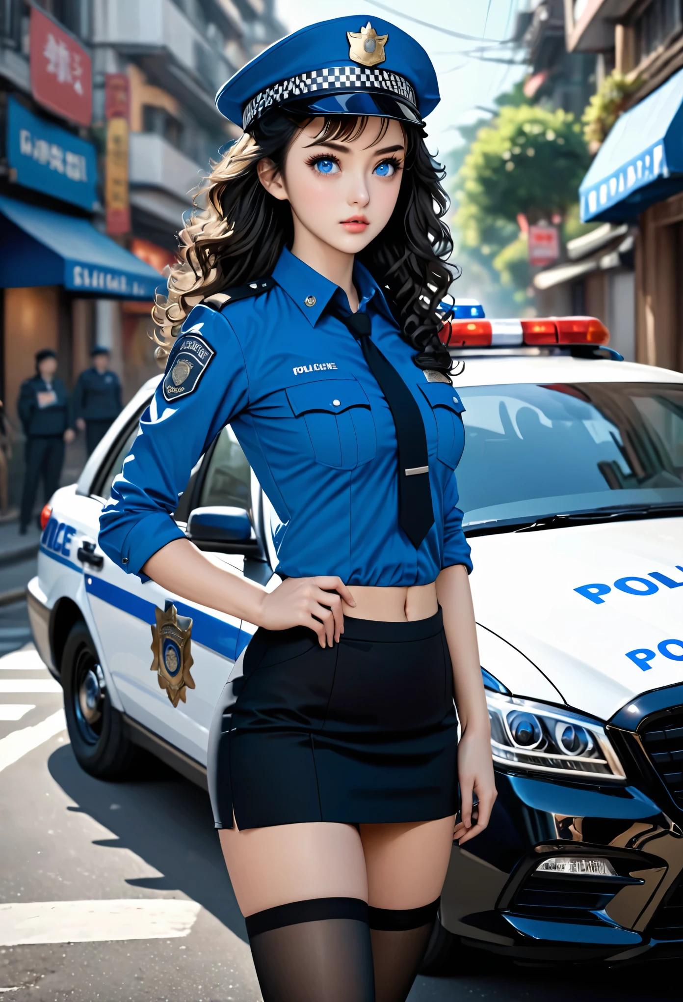 (masterpiece), best quality, expressive eyes, perfect face, policewoman, long hair, blue eyes, black hair, bare hips, medium breasts, parted bangs, short_pencil_skirt, knees,  thighhighs, ((hyper detailed)), ((cowboy shot)), standing, 4k, detailed background, street, ((face focus)), (solo), (curly hair), forehead, police cap, police car, outdoors, arm at hip