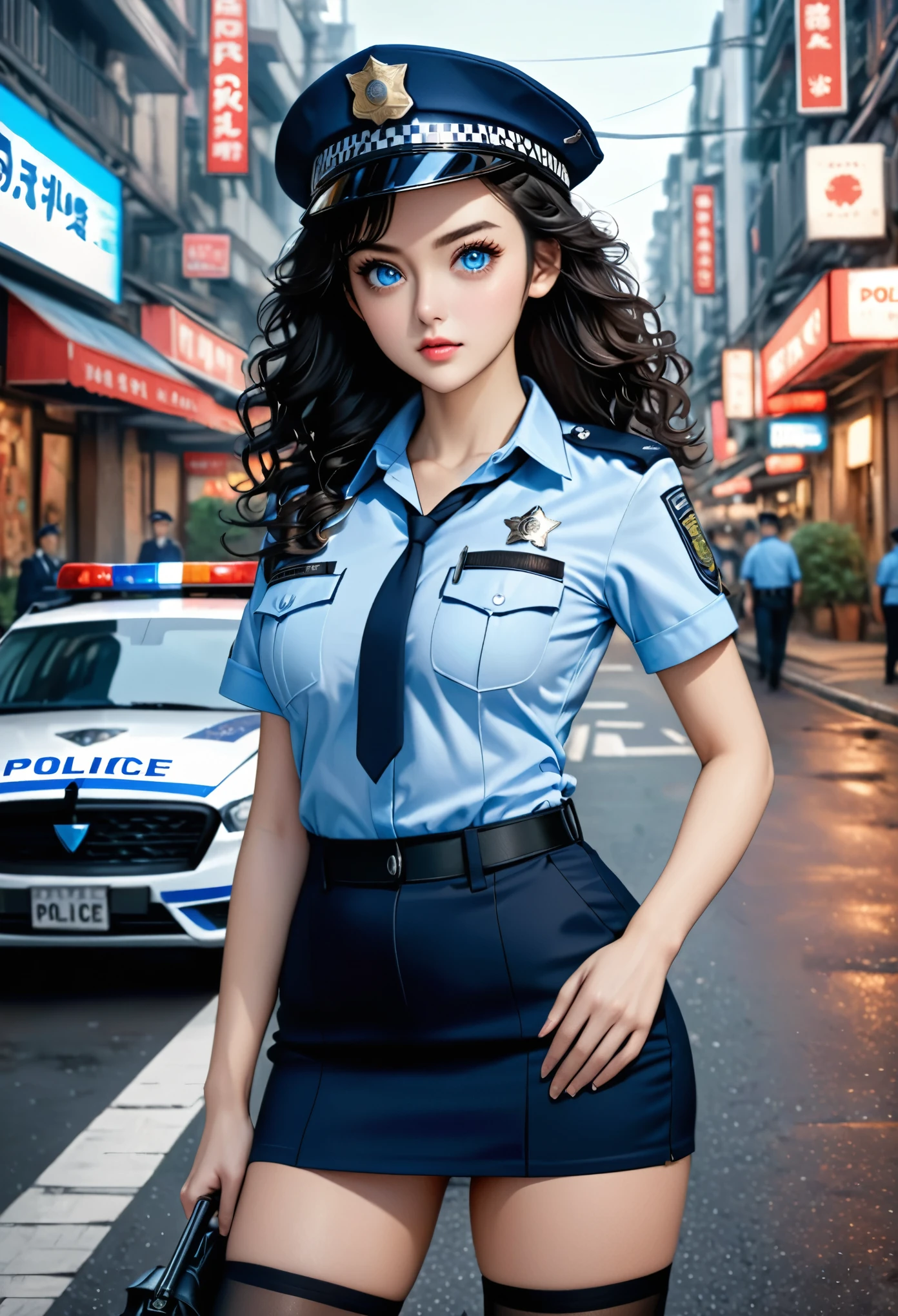 (masterpiece), best quality, expressive eyes, perfect face, policewoman, long hair, blue eyes, black hair, bare hips, medium breasts, parted bangs, short_pencil_skirt, knees, thighhighs, ((hyper detailed)), ((cowboy shot)), standing, 4k, detailed background, street, ((face focus)), (solo), (curly hair), forehead, police cap, police car, outdoors, arm at hip