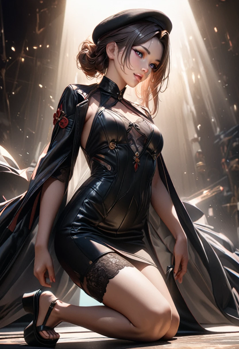 a beautiful girl with a gentle smile, wearing a beret, long coat, lace-trimmed legwear, and platform footwear, kneeling on a white background, hyper-realistic, intricate details, cinematic lighting, vibrant colors, photorealistic, masterpiece, 8K, highly detailed, sharp focus, studio lighting, physically-based rendering, extremely detailed facial features, beautiful eyes, delicate nose, alluring lips, long eyelashes, elegant hairstyle with hair intakes, Honkai: Star Rail