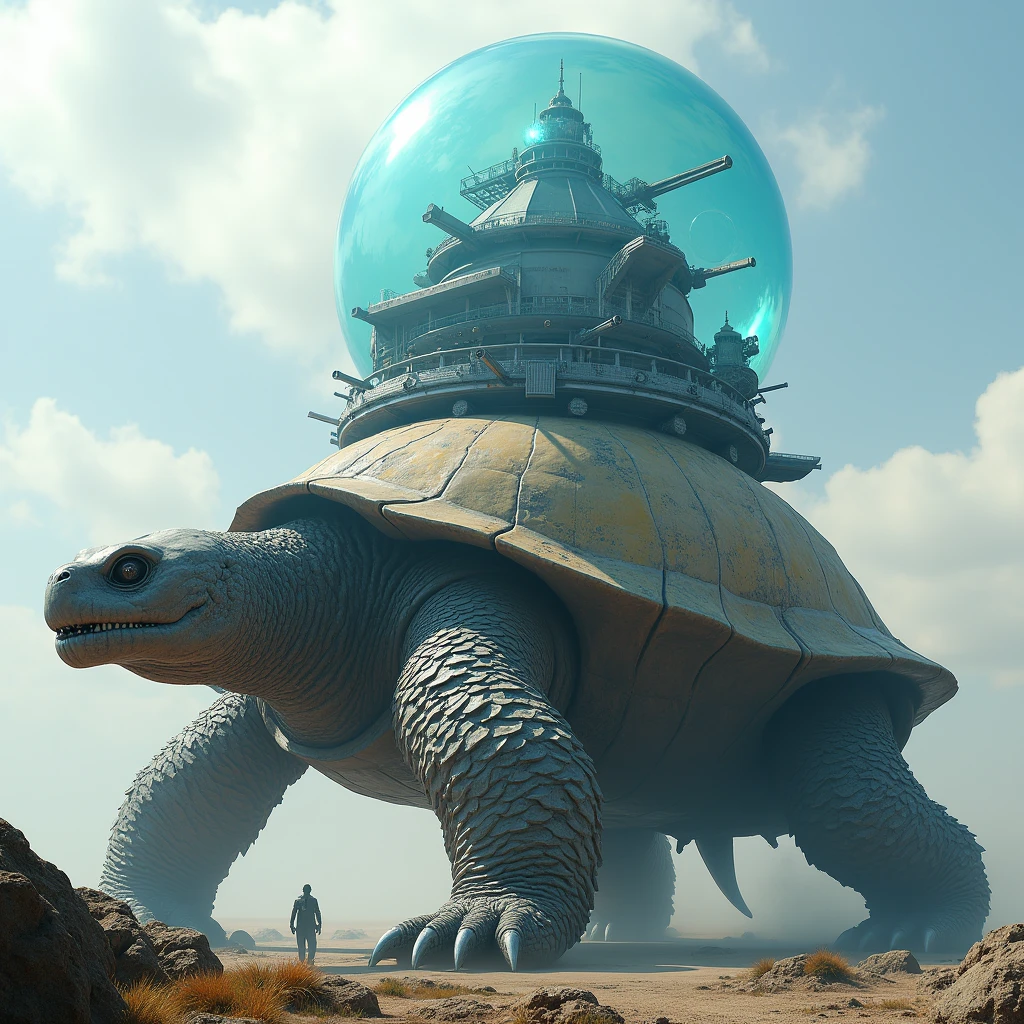 A giant dragon-like turtle, 3D Rendering, Ultra-fine detail, high quality, High resolution, 最high quality,Large photochemical barrier,A spherical barrier that covers the entire body of the turtle,Electromagnetic Barrier,Blue Barrier、Distorting space,Geometric Shield,Huge military base on a turtle shell,A barrier that covers the turtle and the entire base.