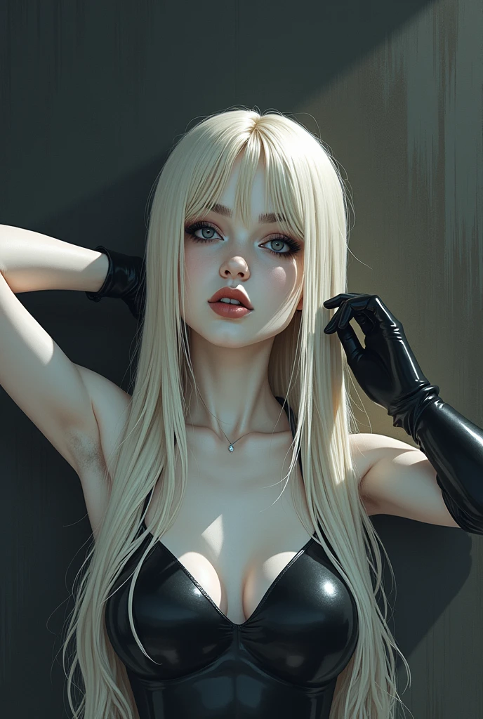 painting of a beautiful blond girl, melancholy, straight hair, pale skin, dark make up, slender body, long neck, black latex bodysuit, full latex outfit, tightly stretched latex, black gloves, hands behind head, dark room, franco belgian comic style, Moebius, Enki Bilal, Luis Royo, Hajime Sorayama