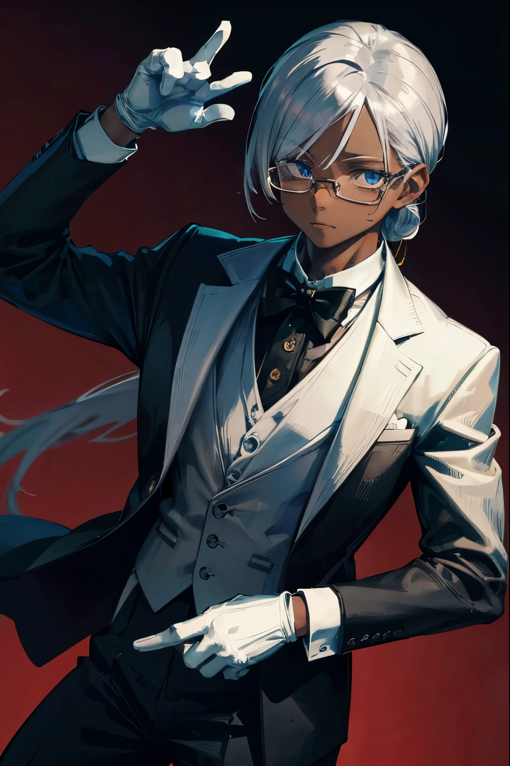 Highest quality, masterpiece, Ultra-high resolution, One Man,Hosomi,Silver Hair,Brown Skin,Her hair is tied back,Black Band,glasses,Butler,White gloves,Tuxedo,youth,Blue Eyes,martial arts,Dark skin