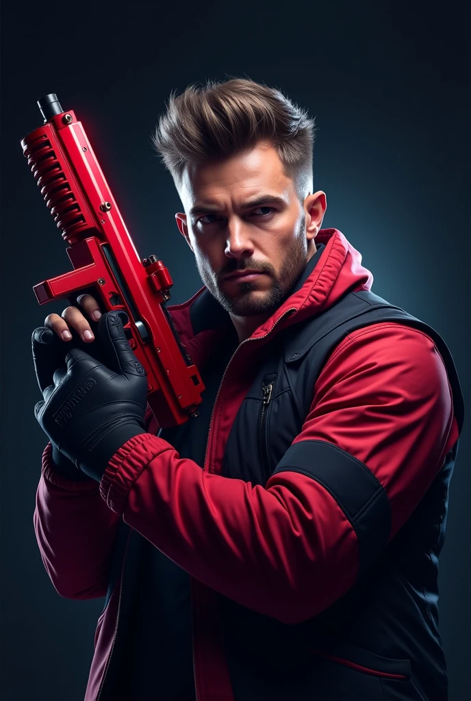 (photorealism:1.2), Esports logo a man holding a Red colour Gun 