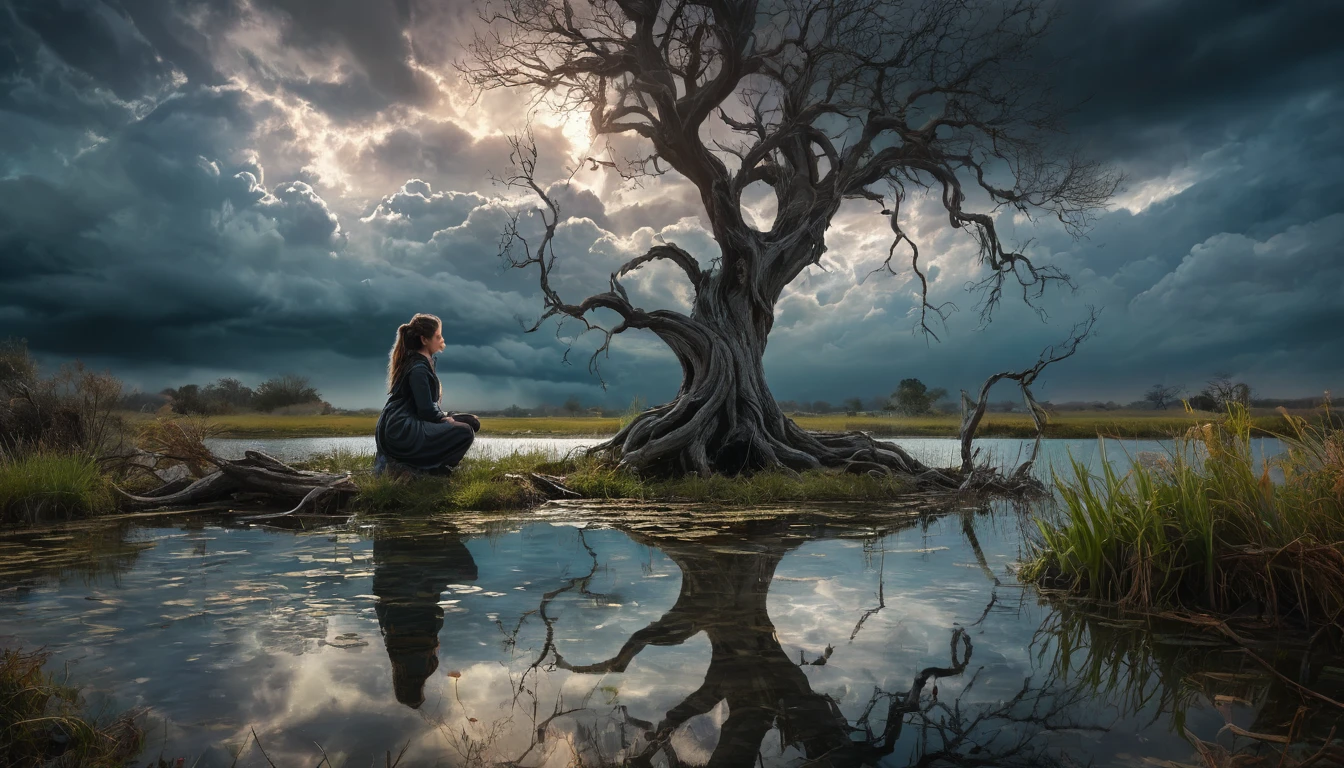 "((Mystical)) atmosphere, girl kneeling beside a pond, ((moody clouds)), ((twisted and gnarly tree)), ((dramatic lighting)), ((reflections in the water)), detailed painting, ((captivating composition)), masterpiece