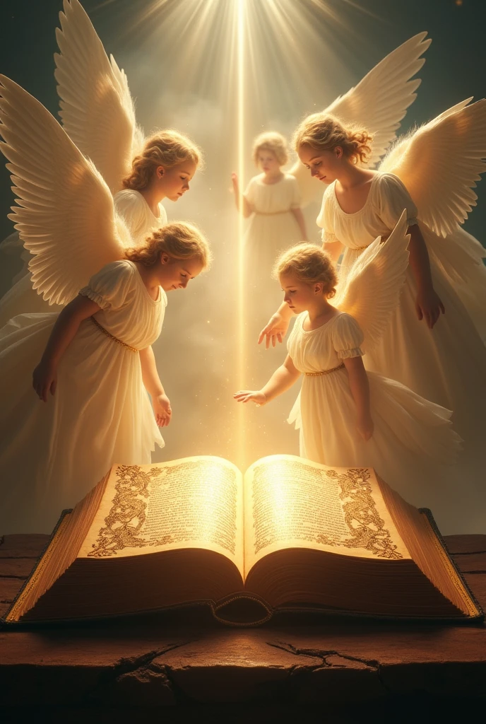 a Holy Bible being illuminated by angels