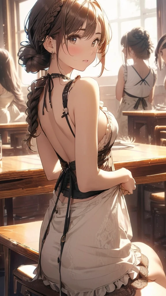 (From below:1.2),(From the side:0.9), ((face)), (close:0.4), (A masterpiece of 8K quality),(Beautiful Arafed woman),(((Accentuate your breasts:1.3))),(Dynamic Angle),(Dynamic and sexy bending pose:1.3),(Sit on a chair:1.3),(Shiny silver and orange inner color short hair,Big ample breasts,Clothing gets messy due to movement,Chest slip,(Intricately braided and beaded twisted ponytail bun,Braided Setup Fishbone Hair:1.2),(See-through bangs),Small breasts,(((A brown lace apron that shows your bare skin from under your Small breasts.......)))、恥ずかしさでfaceを赤らめる、Dreamy eyes、 Open your mouth,見る者を魅了する笑face、(look back:1.7)、Take a look at the photographer,Sweaty skin,Staring at the audience,,(Professional Lighting),(Tabletop,Highest quality,Ultra-high resolution output images,),(Ultra HD with Intricate Detail Picture Mode),Depth of written boundary,Beautiful Hands,Beautiful fingers,Detailed characteristics of the fingers,(Detailed hair features:1.7),詳細なfaceの特徴,Detailed clothing features,