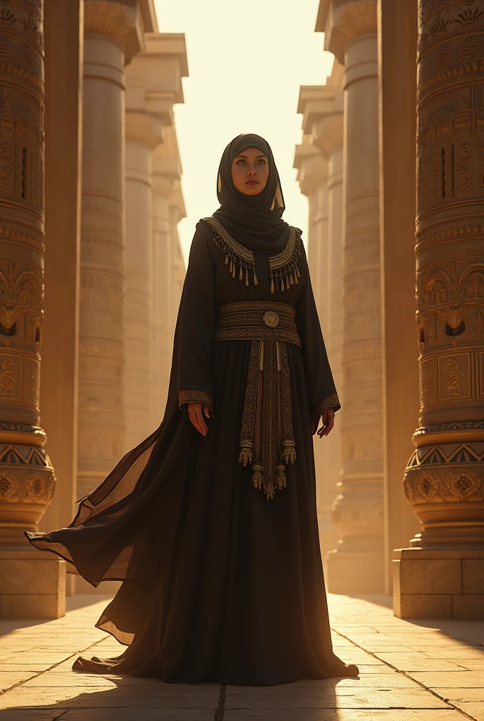 A muslim brave woman standing in front of a pharaoh, without showing her face