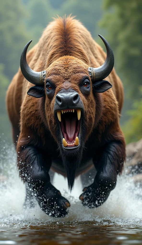 Bison and otter hybrid production result, body shape bison, big teeth and roaring