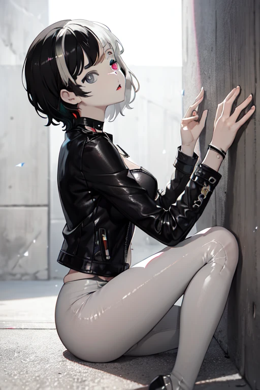 Masterpiece, best quality,extremely detailed,ultra detailed,(one woman,shoulder-length black hair,deep black leather jacket under a white shirt,leather black pants,(heterochromia,light gray eye,black eye:1.8):1.3),(resting her back to a concrete wall:1.3),from front,the whole body,solo,Squinted eyes,black choker,serious face, Beautiful eyes,perfect eyes,perfect hands, perfect finger, perfect legs,
