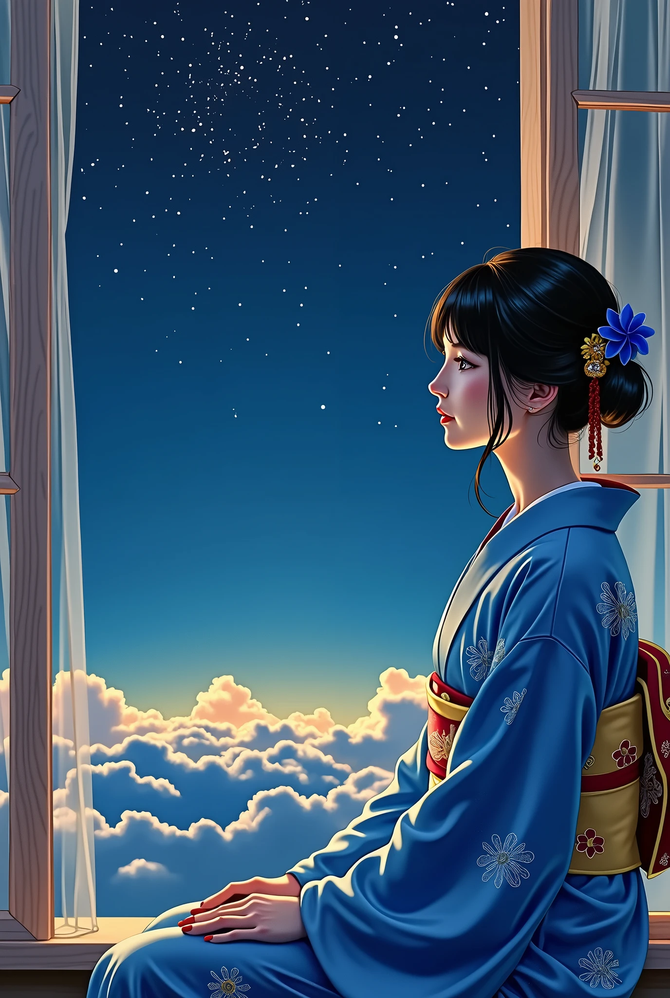 Beauty、Black Hair、kimono、A window overlooking the night sky、Sitting、Blue kimono、