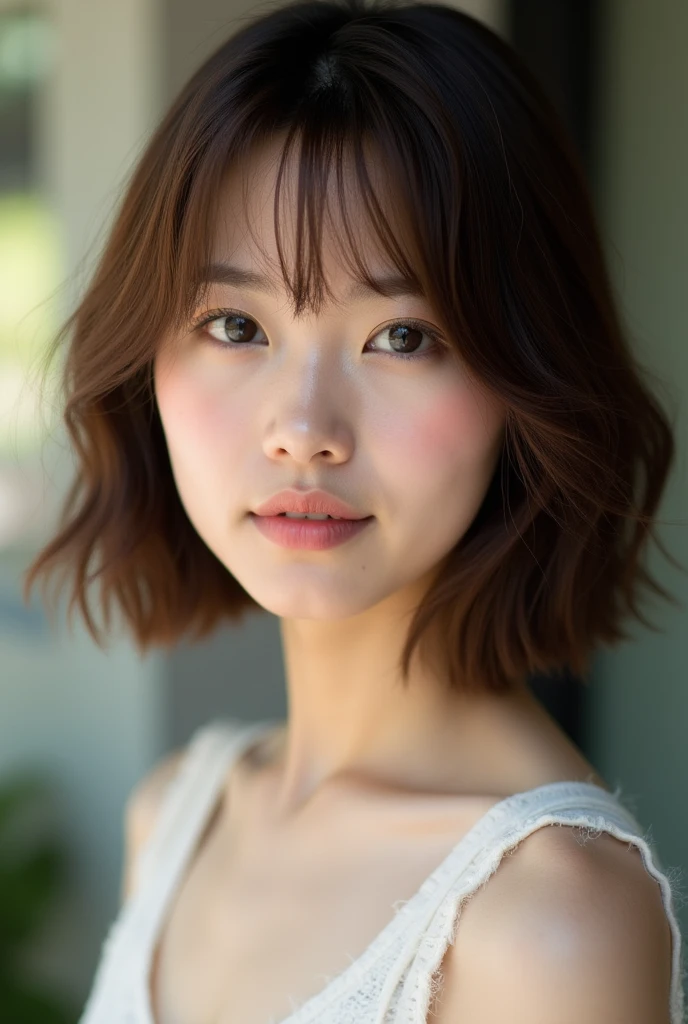 Age 35、woman brown hair 、cute 、Japanese　、Photo from the waist up　Natural atmosphere　Realistic photo of hair length under the chin　Return to the beauty salon　Outside view　Tight hair