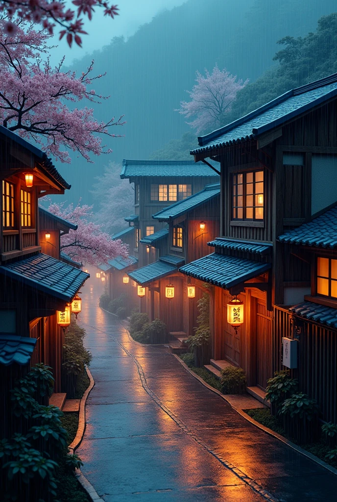 A view of the village with many lights on the buildings, Dreamlike Japanese city, Japanese Village, Awesome Wallpapers, Japanese Street, Japanese Village, 超リアルな町のphotograph, Old Asian Village, Japanese cities, Raymond Han, Rainy night, Cyberpunk Japanese Ancient Castle, beautifully照らされた建物, Rainy Evening, beautifully、aesthetic, photograph, Cinematic, 8k, Detailed ((heavy rain)))