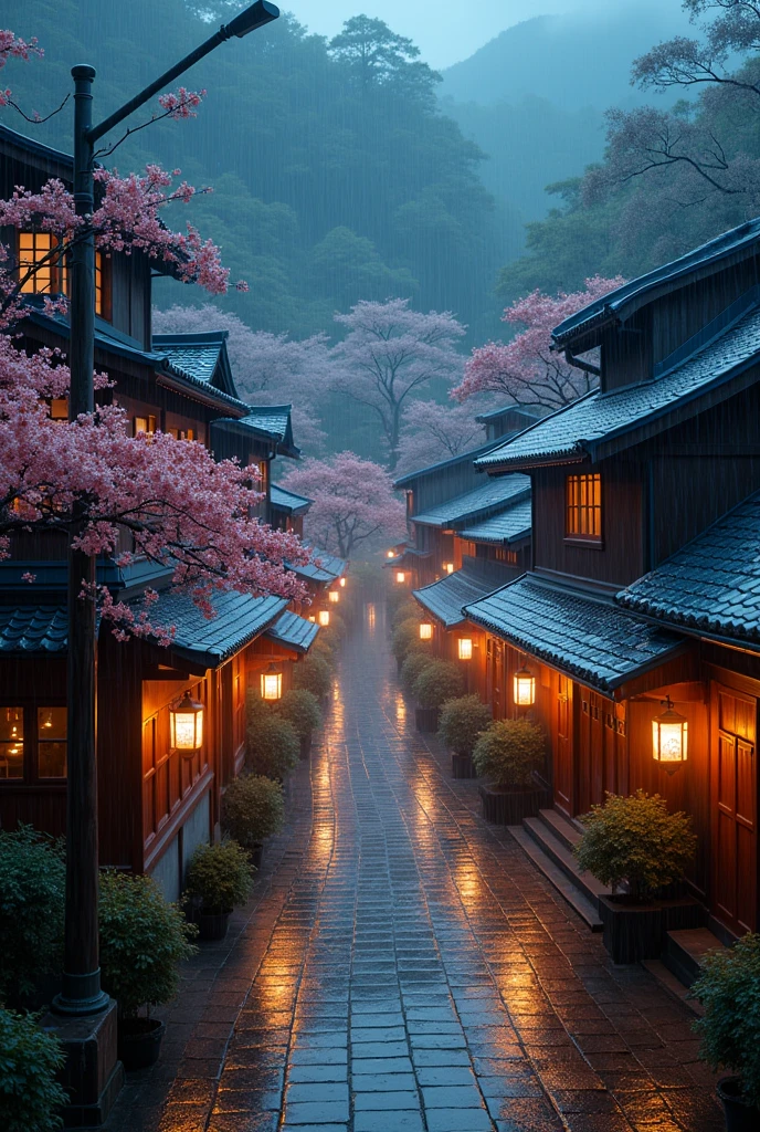 A view of the village with many lights on the buildings, Dreamlike Japanese city, Japanese Village, Awesome Wallpapers, Japanese Street, Japanese Village, 超リアルな町のphotograph, Old Asian Village, Japanese cities, Raymond Han, Rainy night, Cyberpunk Japanese Ancient Castle, beautifully照らされた建物, Rainy Evening, beautifully、aesthetic, photograph, Cinematic, 8k, Detailed ((heavy rain)))