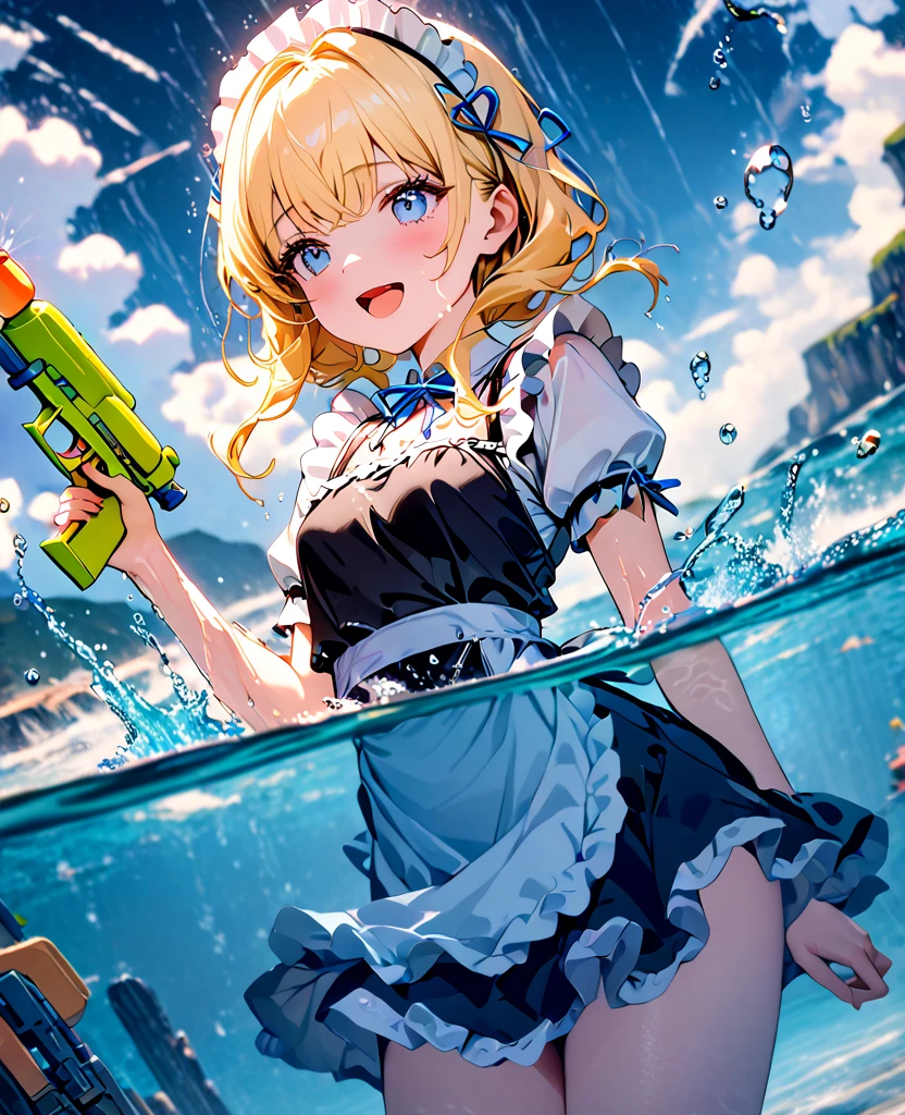 (8k, super high quality, masterpiece), (detailed), One Woman, Small breasts, blonde, cute, A little longer, Blue ribbon, Apron dress, black and white maid outfit, Fantasy, Beautiful background, Ocean, heavy rain, typhoon, soaked, splash, Water droplets all over the body, Submersion, Water Play, Water splashing, swim, Water gun, Date, like, The best smile, Mouth is open, Embarrassing, 