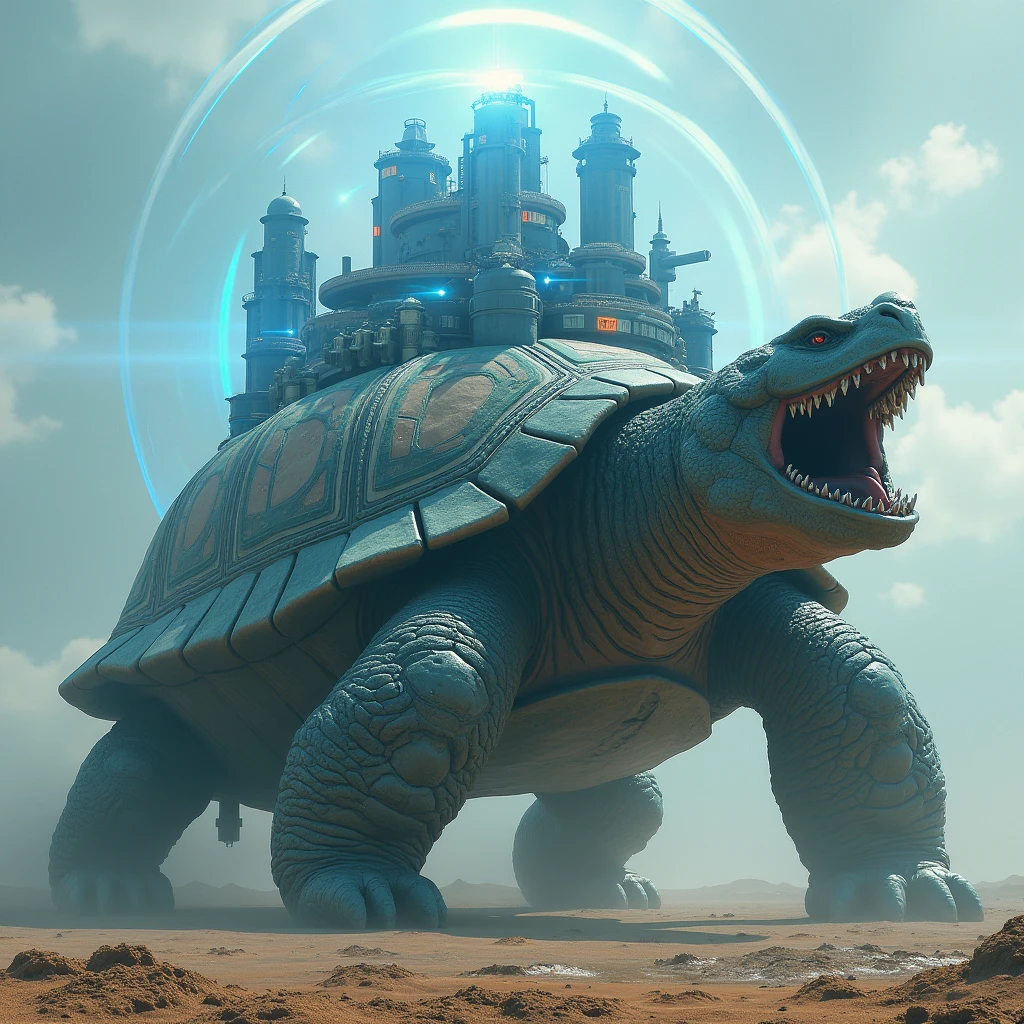 A giant dragon-like turtle, 3D Rendering, Ultra-fine detail, high quality, High resolution, 最high quality,Large photochemical barrier,A spherical barrier that covers the entire body of the turtle,Electromagnetic Barrier,Blue Barrier、Distorting space,Geometric Shield,Huge military base on a turtle shell,A barrier that covers the turtle and the entire base.,Bigger Barrier