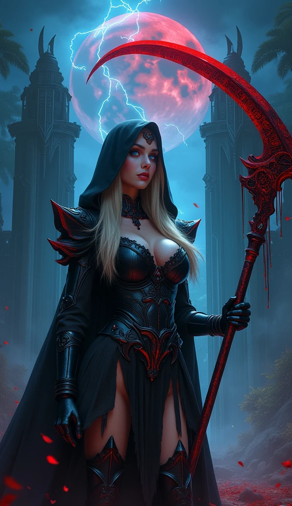 In this masterpiece, a stunning (Clara Morgane in sexy reaper cosplay:1.3), stands at the center of the frame, radiating an aura of mystique and beauty. The ultra-detailed 4K image presents her in front of a (black mana vortex:1.3) framed by the (huge gates of the realm of the dead:1.3), in the center of a necropolis surrounded by a dark jungle. The pitch-black night is lit by a few blue lightning bolts and a blood-red moon. The volumetric lighting casts a warm glow on her porcelain skin, accentuating the intricate details of her (sexy Armor of death). Her straight blonde hair is gorgeous, framing her charming smile and captivating cleavage. The mesmerizing atmosphere is punctuated by (blue thunderstorms and lightning) in the surreal dark sky, as if the heavens themselves are summoning her presence. The composition masterfully balances depth and complexity, drawing the viewer's eye to the perfect body, with its impeccable anatomy and tantalizing pose. (Charming smile), (Beautiful Big tits:1.3), (Finely crafted black tiara), She holds a huge scythe covered in blood red runes in her hand. (Photorealistic), (Dark theme). (Beautiful naked navel:1.5). Her high-quality sexy armor, composed of a (black bikini) and (pieces decorated with skulls), (blue eyes), (blond hair)