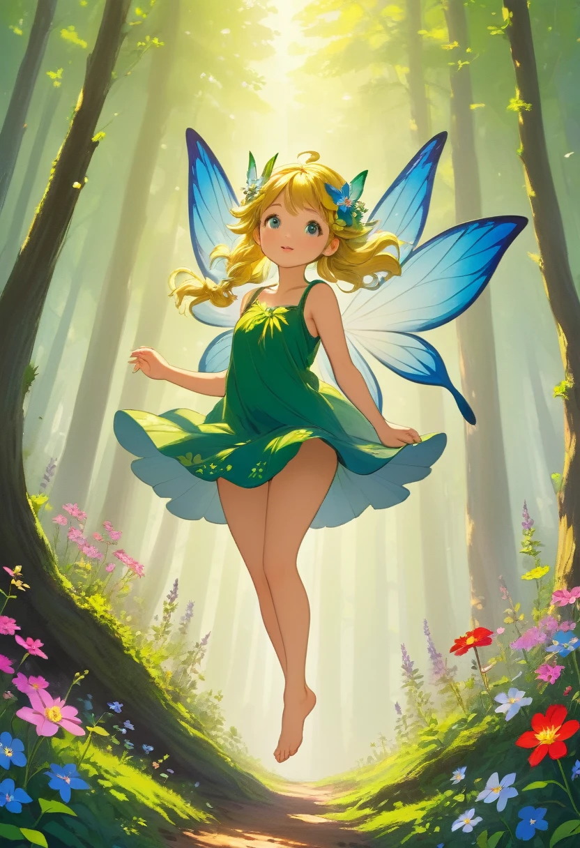 Forest Fairy,Mysterious, small and cute,wood々In the thick forest,光に包まれた幾人もの妖精がwoodの枝に座っている,Flying high and high,Barefoot,Mysterious Mysterious,Vibrant wildflowers blooming in the forest,Fantasy,Exquisite atmosphere,Masterpiece,Highest quality,Detailed anime art,Digital Art,