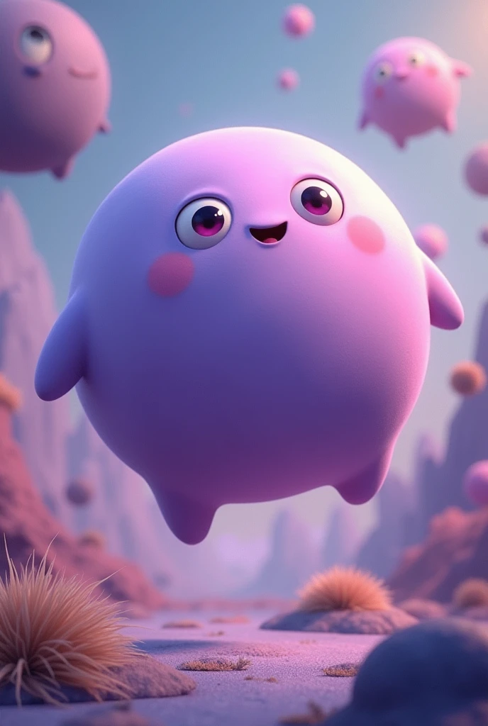 charachter: a flying purple smooth ball with a face (without limbs, only face)