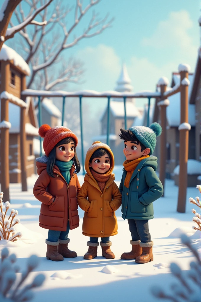 Three friends, Rahul, Seema, and Ajay, in a winter village setting, meeting at an old playground covered in snow."