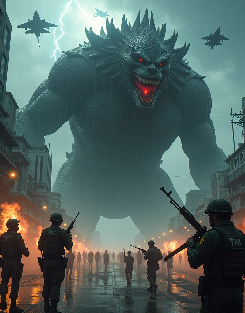 Create an ultra-realistic and detailed image of Indonesian police (POLRI) and military (TNI) forces engaged in a fierce battle against a terrifying giant monster in the city of Jakarta, Indonesia, during a heavy storm. The scene should capture the intense action with soldiers and police officers wearing the exact uniforms of the Indonesian TNI and POLRI, running and firing weapons at the monster. Include Indonesian fighter jets and helicopters providing aerial support. The cityscape of Jakarta should be visible in the background, with rain pouring down, lightning illuminating the dark sky, and the monster's immense size and fearsome appearance dominating the scene.