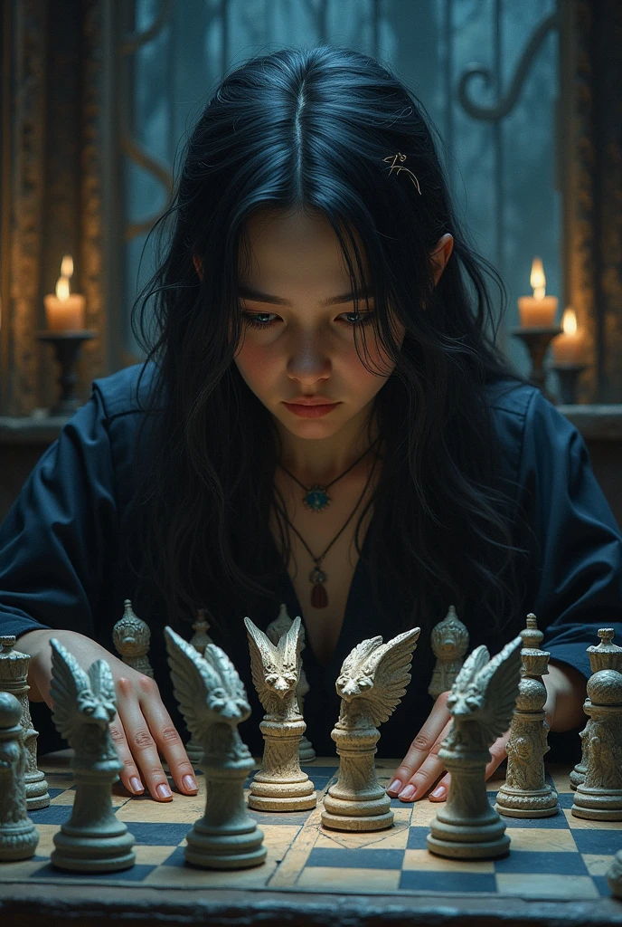 Griffon-themed chess、Precision pieces、A young witch playing chess、In the witch's dark room、Ultra-high definition drawing、
