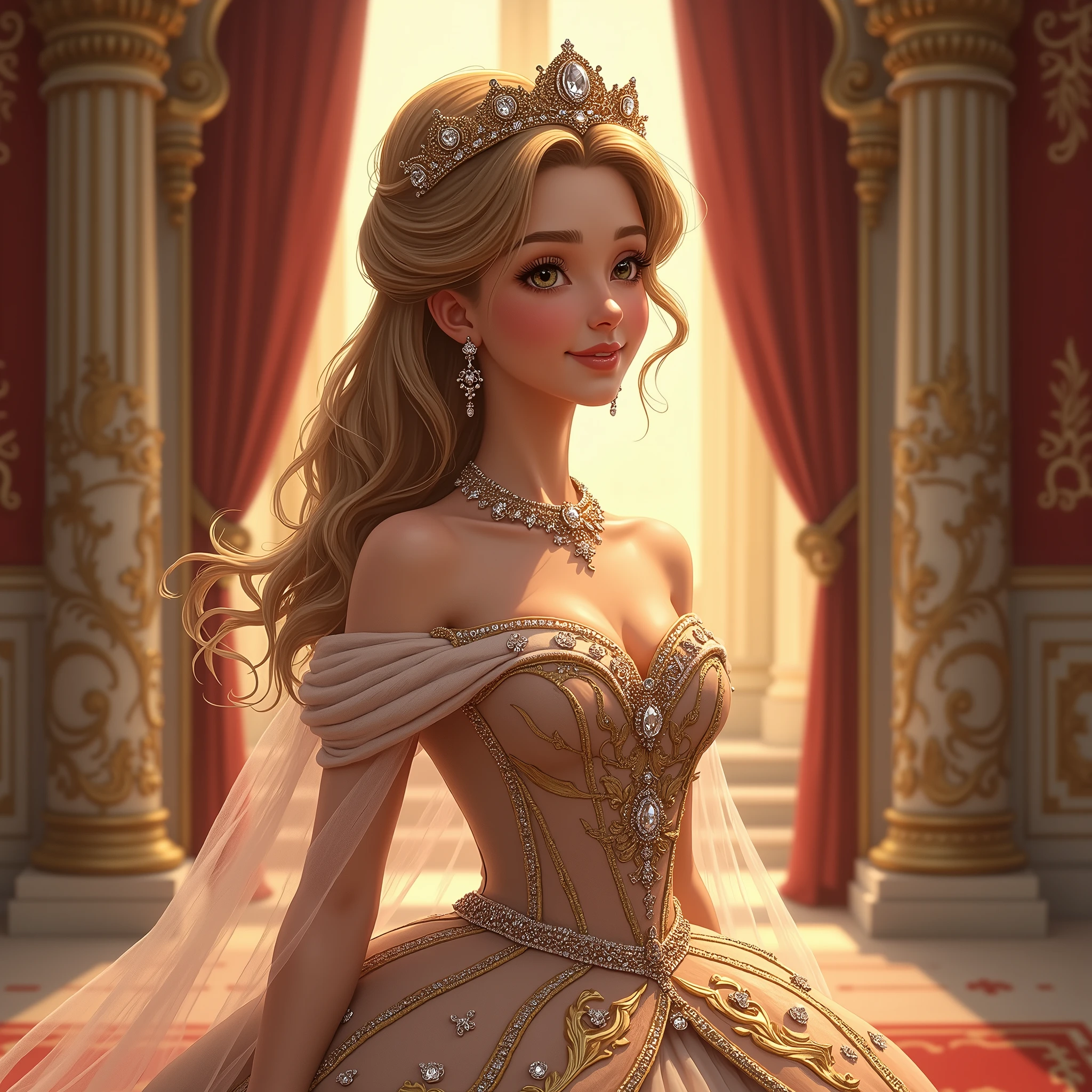Royal girl illustration。The characters are dressed in gorgeous and delicate dresses.、In her hair she wears a crown or a jeweled tiara.。The dress has a noble design based on gold and white.、Intricate embroidery and jewels studded。She has a sweet smile、Striking an elegant pose。In the background is a magnificent room in a royal palace.、The overall scene exudes elegance and grace.。