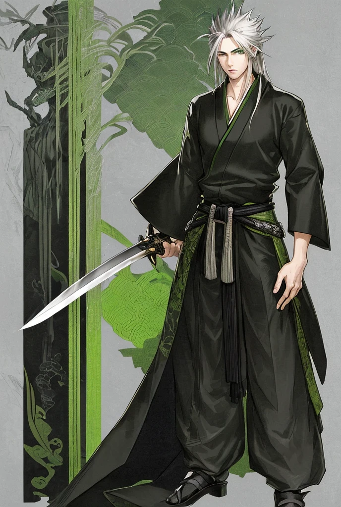 20 year old man, long grey hair, spiky hair down to his waist, green eyes, black and white, green kimono, holding a sword on his waist, cool young man, Japanese style background