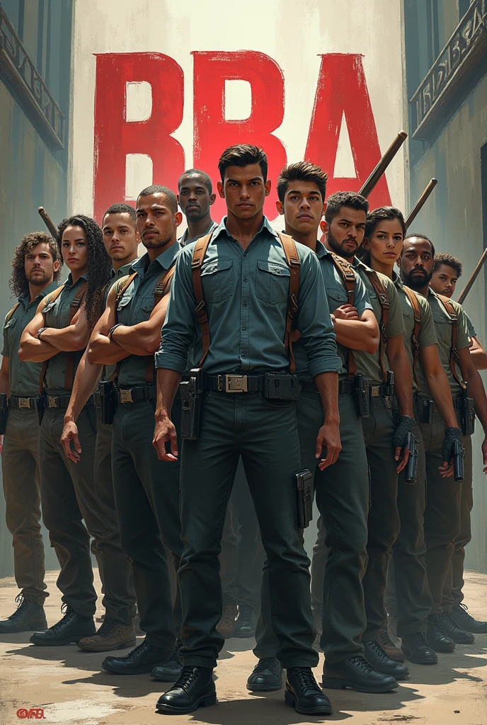 We are students of BBA and want to create a do for our social media group. So create a pic in which a army or gang or group of boys and girls are standing holding guns or rods and BBA is written behind them in big letters.