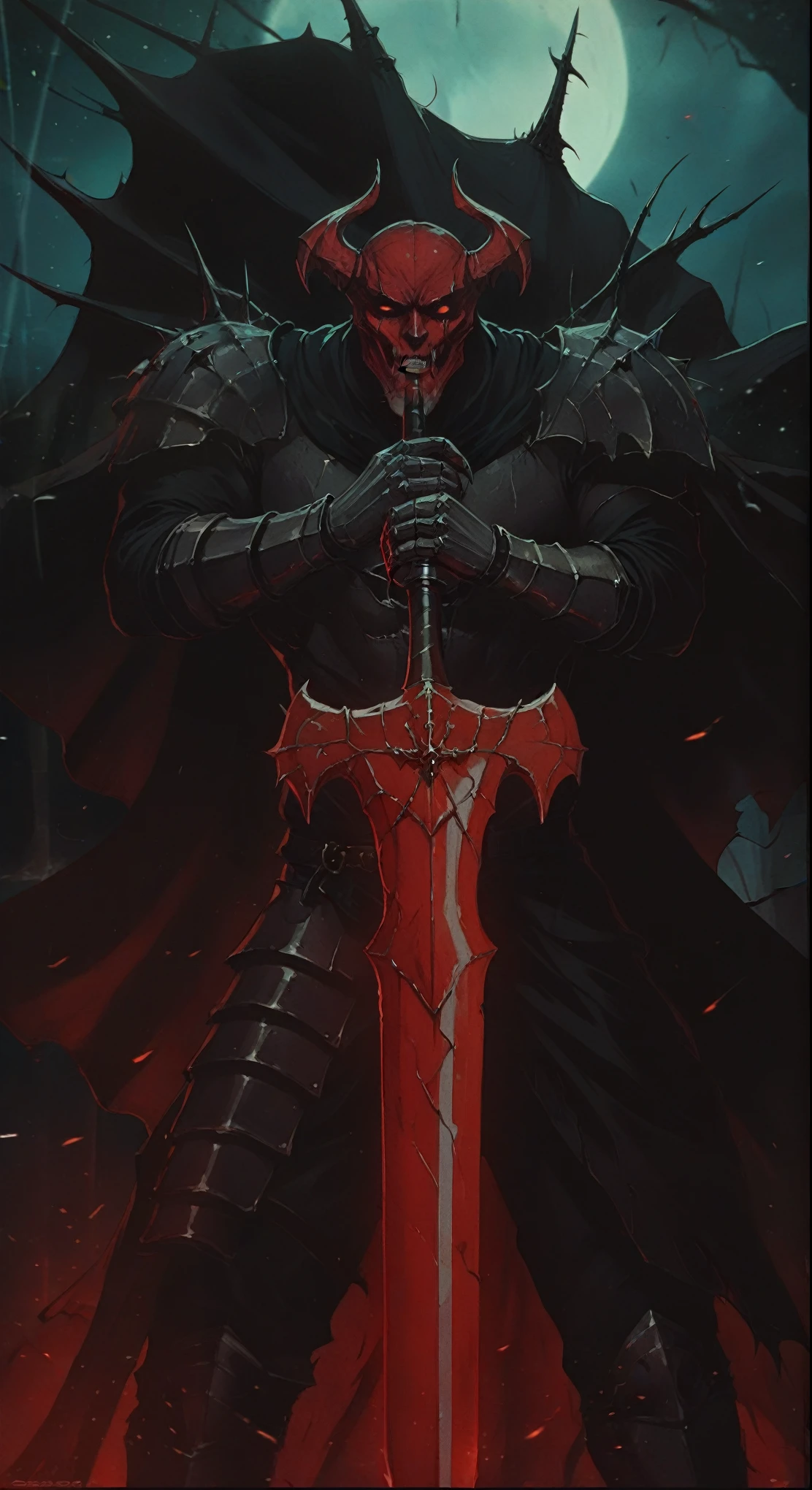 there is a man with a red demon mask and a sword, blood knight, evil knight, berserk skullknight black armor, berserk art style, dark souls art style, anthropomorphic raven knight, scary knight, demon slayer artstyle, dnd fantsay art, beautiful male god of death, the king of death, epic fantasy art style