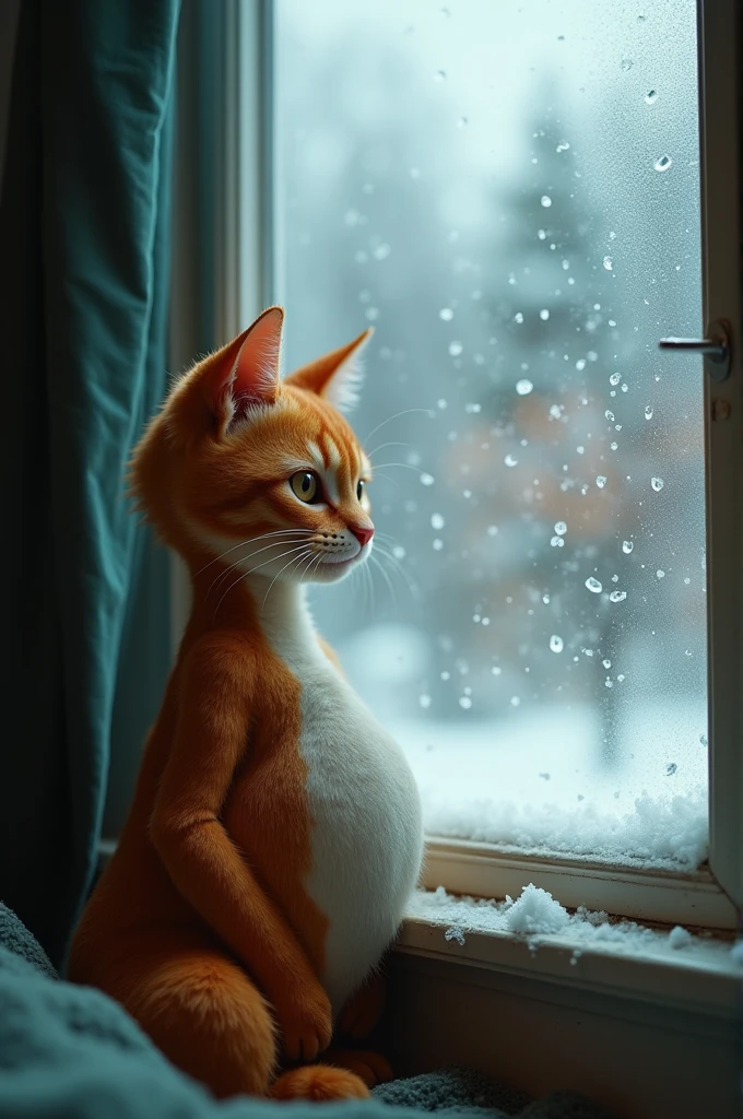 A humaoid pregnant red cat named Whiskers gazing out a frosted window, snow falling outside, and her eyes filled with longing and worry