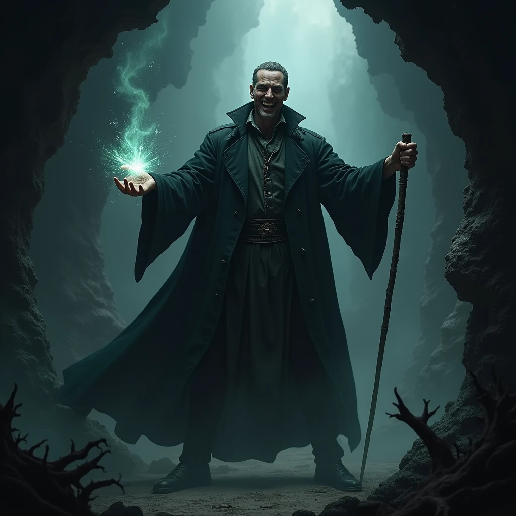 A tall and menacing looking man, holding a magic wand. A strange smile on his face, and the presence of monsters around him. Behind him is the dark and shadowy scene of the cave.

