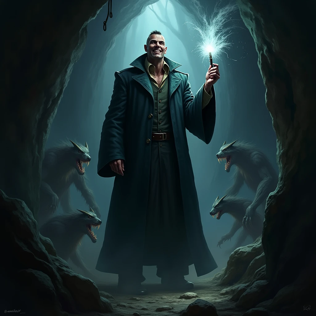 A tall and menacing looking man, holding a magic wand. A strange smile on his face, and the presence of monsters around him. Behind him is the dark and shadowy scene of the cave.

