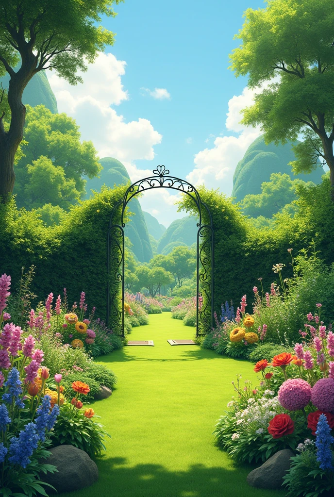 there is a green grass with a gate and flowers in the middle, 背景のLush庭園, with a lush grass grass, lush grass, Garden scenery, Beautiful garden on background, Garden environment, Lush庭園, Idyllic backyard atmosphere, Parks and Gardens, garden with flowers, Lush, Beautiful English Garden, Garden Background, grass, vibrant greenery outside, Beautiful garden