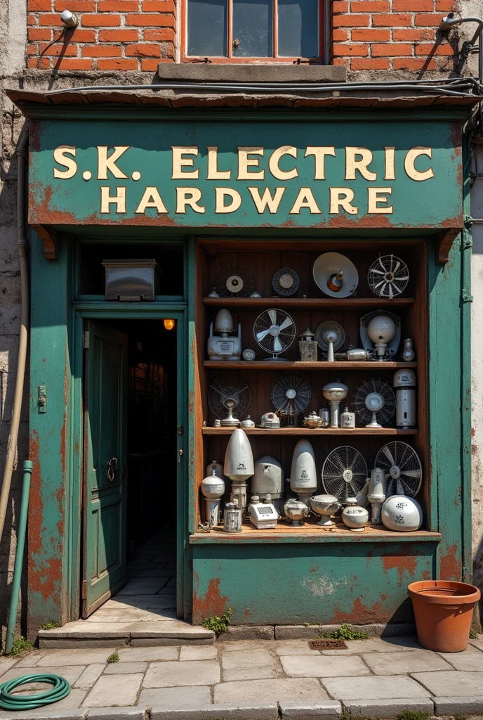 Electric Shop with boardname S.K Electric & Hardware Display with bulb fan motor blades and. Other electronic tools old age looks 
Item add like garden Pipe 