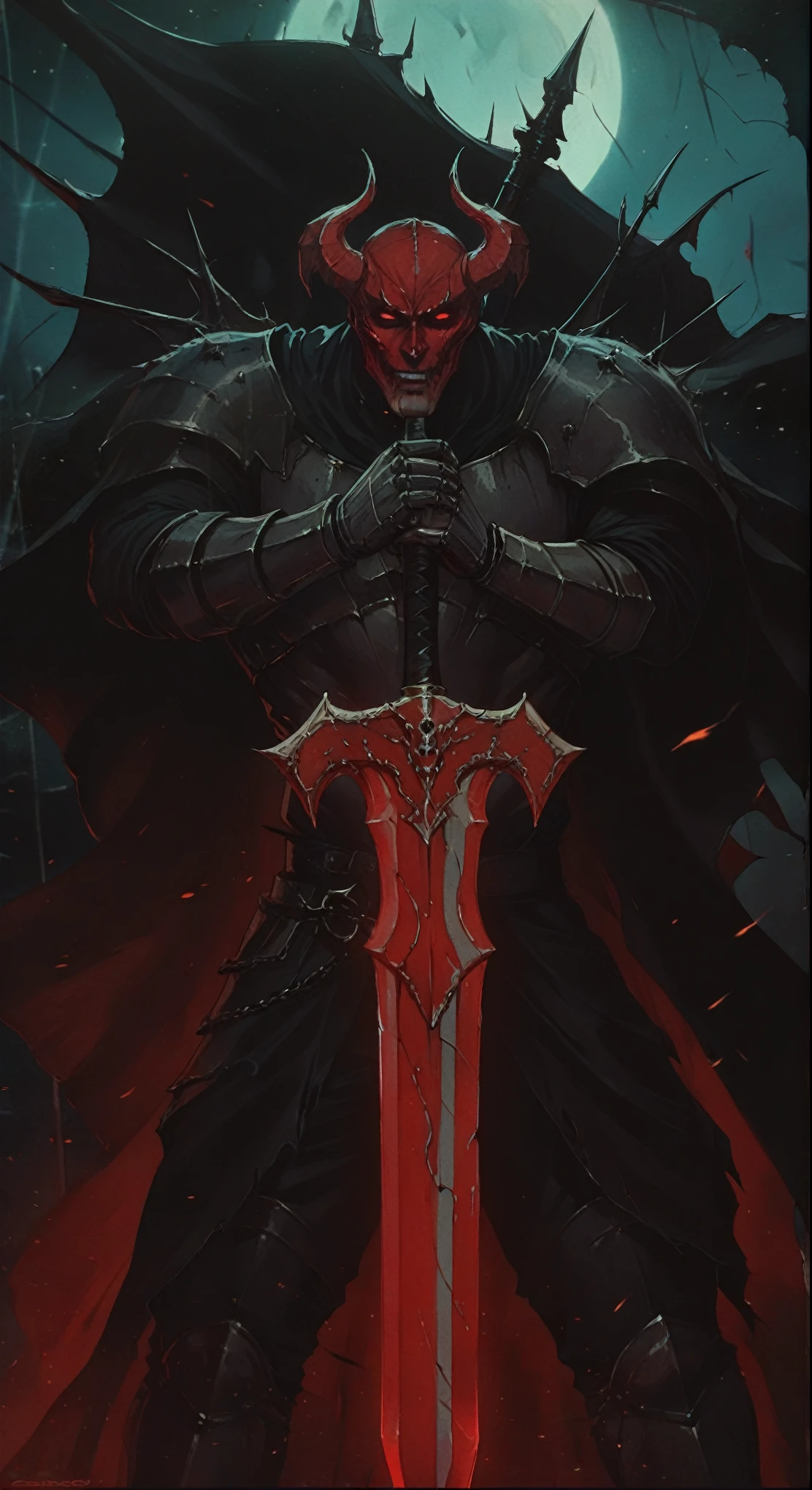 there is a man with a red demon mask and a sword, blood knight, evil knight, berserk skullknight black armor, berserk art style, dark souls art style, anthropomorphic raven knight, scary knight, demon slayer artstyle, dnd fantsay art, beautiful male god of death, the king of death, epic fantasy art style