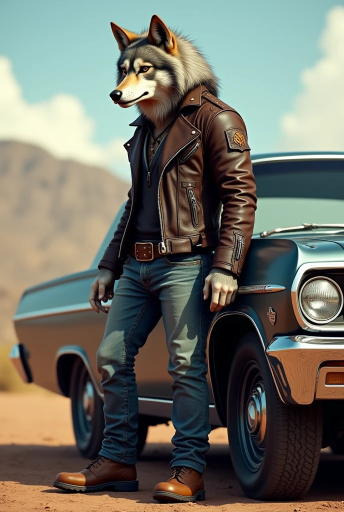 Draw a wolf with a leather jacket, jeans, Brown boots, sunglasses near a Chevy Impala