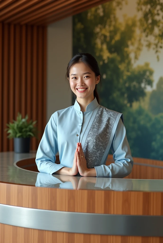 Hotel reception counter is a curved counter decorated with teak wood and silver glass. Beautiful Thai girl behind the counter wearing a long-sleeved shirt made of Thai fabric in a luxury hotel wearing a light blue shirt with a gray Thai pattern on the right side tied around her neck. She is doing a Thai welcome pose in a Thai prayer pose. Behind is the hotel wall with a natural scene. 5-star resort style UHD