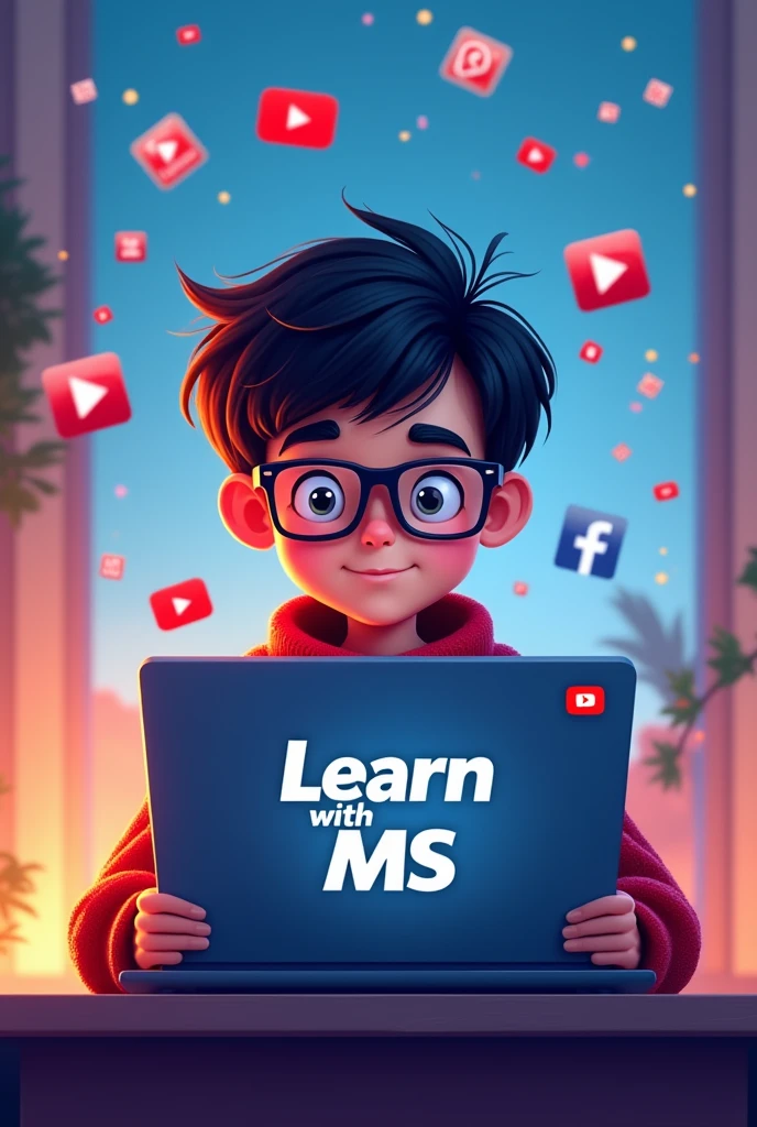 "A digital illustration of a young boy with short hair, wearing glasses and a red sweater, sitting at a desk with a laptop facing forward. The boy is looking directly ahead with a focused expression. The background features a blend of colors to create a vibrant and modern look. It includes the logos of YouTube, TikTok, and Facebook scattered throughout. On the screen of the boy's laptop, the text 'Learn with MS' is prominently displayed with a small YouTube logo next to it. The boy and the laptop are facing forward, creating a clear and engaging visual focused on 'Learn with MS' content."