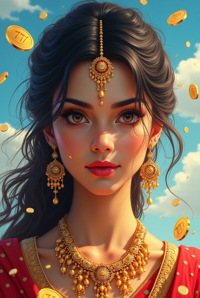 Indian Beauty，money，Electronic games，777，fruit machine，，Light background，White Cloud，Blue sky