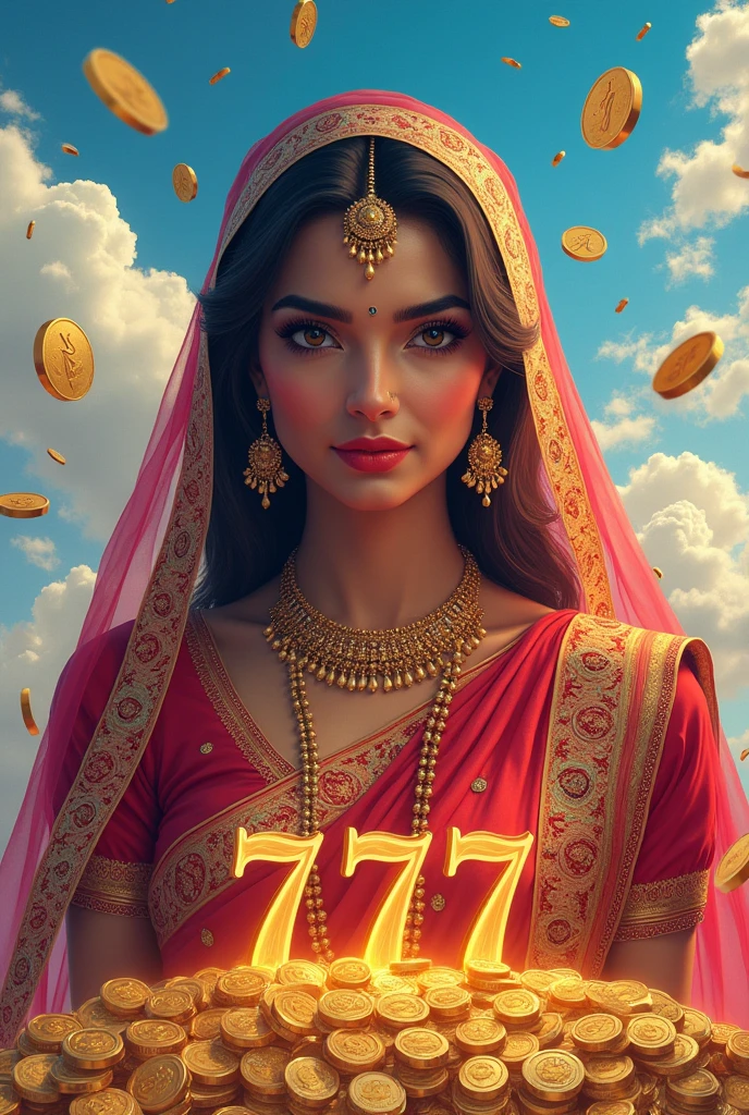 Indian Beauty，money，Electronic games，777，fruit machine，，Light background，White Cloud，Blue sky