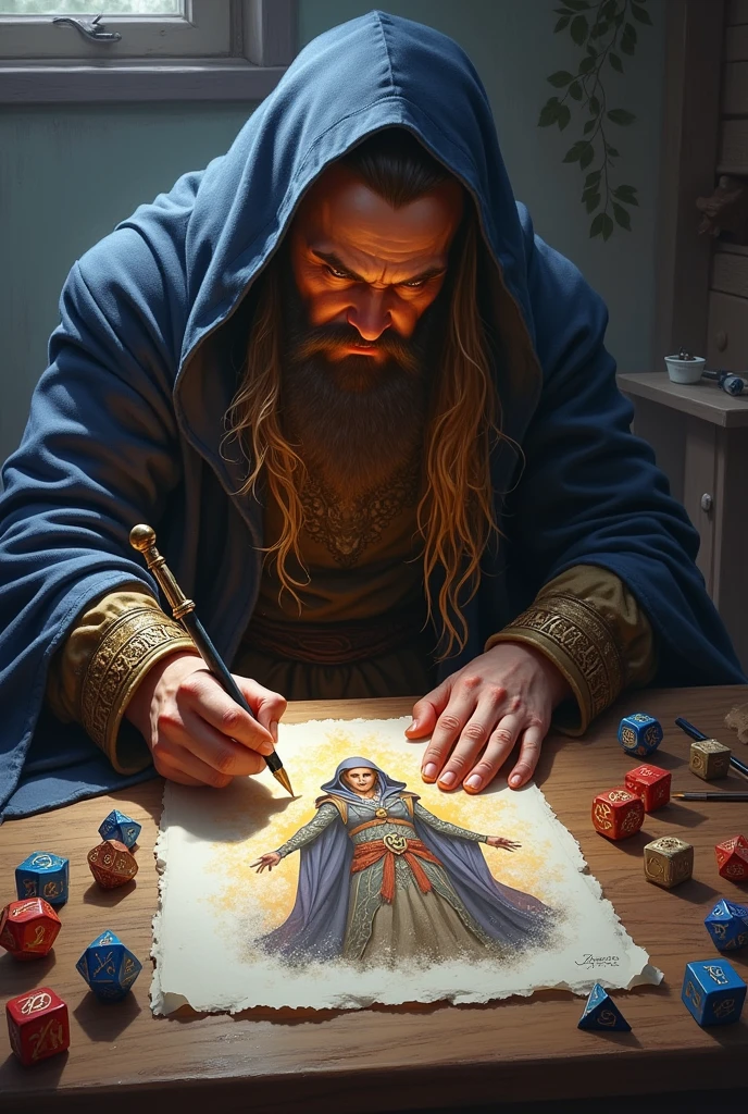 Person drawing a RPG character with dice on table with magic