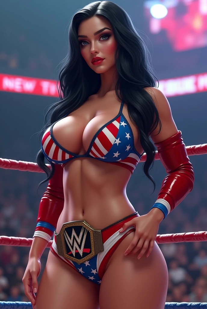Sexy beautiful wrestler diva busty big tits huge boobs perky fake tits bubble booty black hair glossy bikini with the American flag colors full lips in a ring with logo wwe championship belt. knee pads, elbow pads. Bimbo with big silicone boobs lips and ass, thin waist, slim waist. thong, G-string. cowboy shot, masterpiece, detailed, Ultra realistic image, realistic photo, HD, highest quality, 8k, 16k, realistic textures.