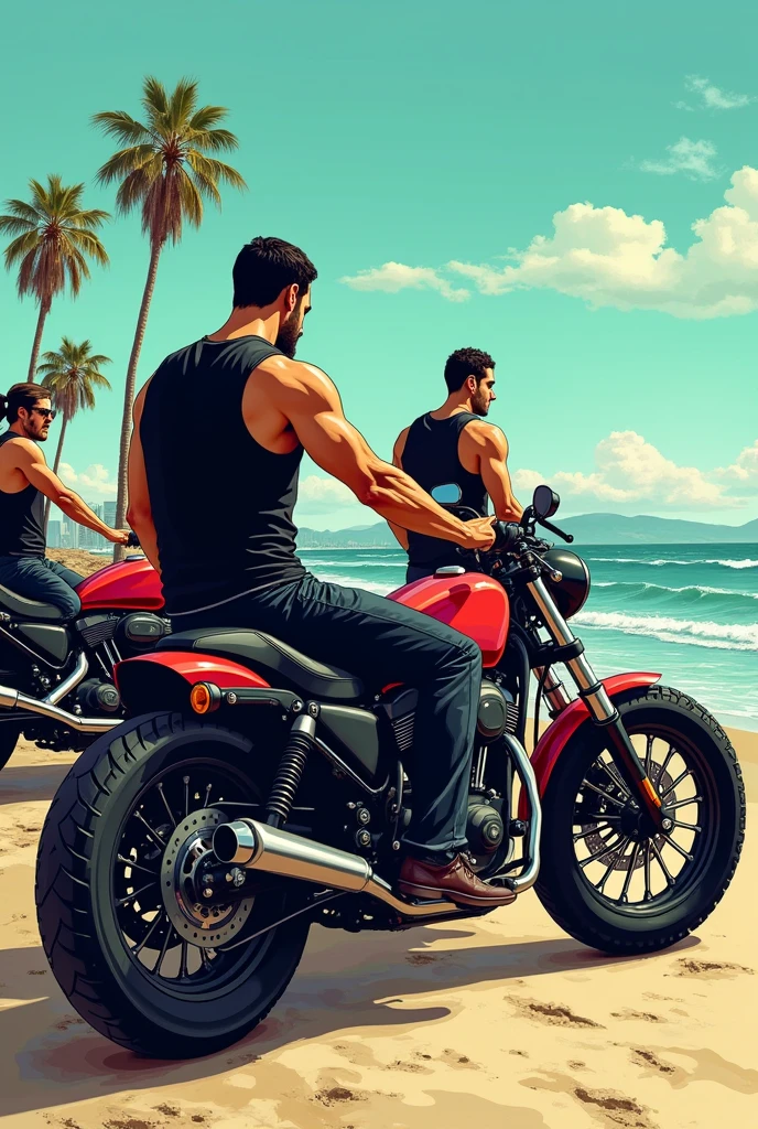 Crée-moi une image style bande dessiné en 16/9eme sans écriture, avec des motards debout pas trop musclé, in completely black leather vests with no logo in front of their bobber-style motorcycles, one of which is from behind with their HQ called on the beach in Los Angeles