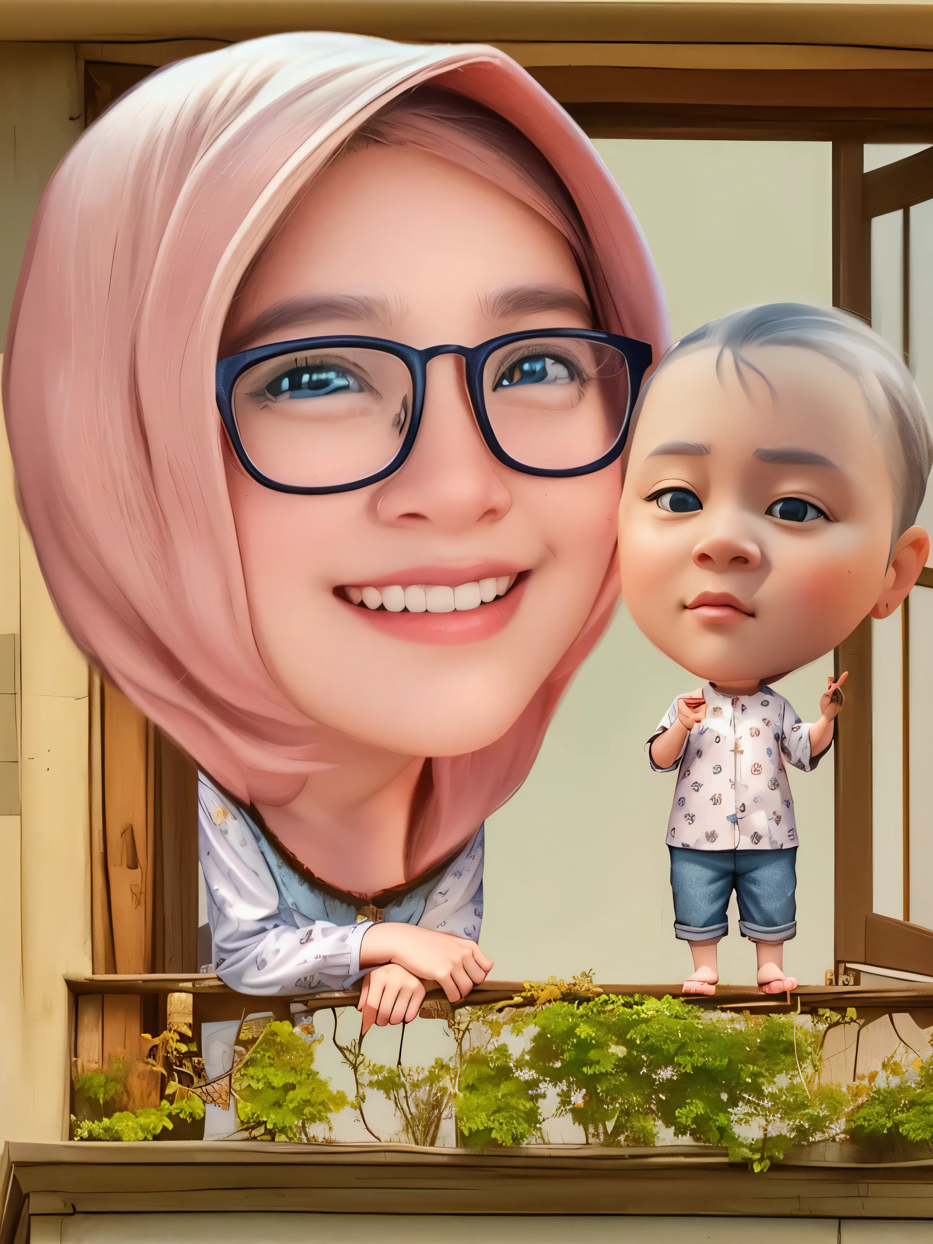 there is a woman and a child that are standing on a balcony, realism artstyle, close up potrait, photorealistic!!!!!!! art style, realistic cartoon, 3 d cartoon, artwork in the style of guweiz, realism art, cartoon art, hyperrealism artstyle, digital art cartoon, potrait, kawaii realistic portrait, realistic picture, realistic person, 3d Cartoon, a mother is standing at the window, beside her is a who is learning to stand, 3D render, 3D Cartoon, big head, cartoonish look, high resolution, super detail, soft lighting