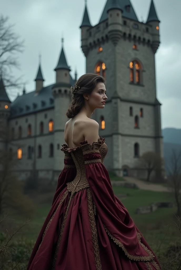 a slim european woman in burgundy and gold strapless clothing with a medieval castle in the background during a gray day with clouds. she is in front, with his head turned towards the castle that radiates lights through the windows.high resolution, Awarded several times, anatomically correcte,