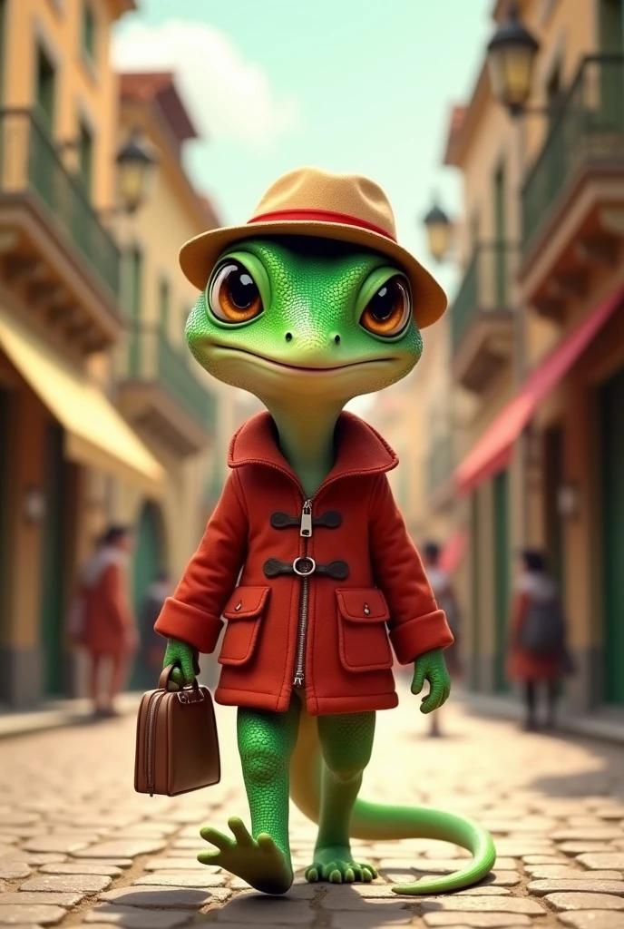 Cute lizard wearing red jacket and hat and walking in street with bag 